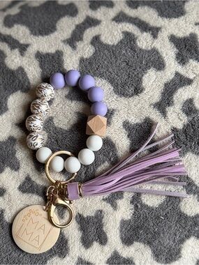 Lilac Beaded Tassel Keychain with Wood Charm